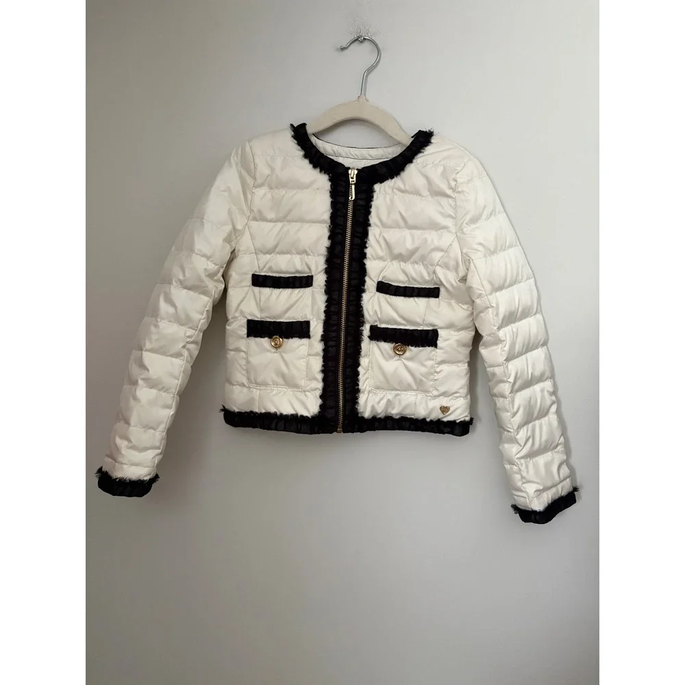 Juicy Couture Kid Size M Cream Puffer Jacket Black Ruffle Trim Gold Accent Y2K M